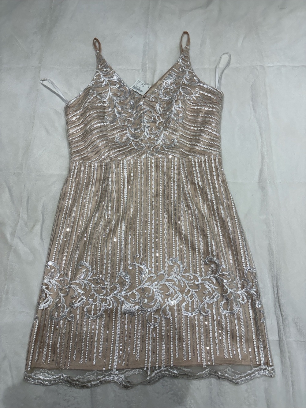 Minuet Petite Nude Sheath Dress with Silver Sequin Embroidery